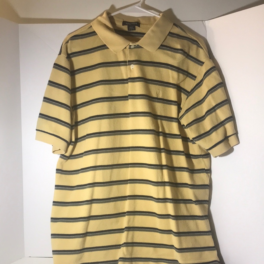 Nautica polo large short sleeve top yellow black gray stripes business casual